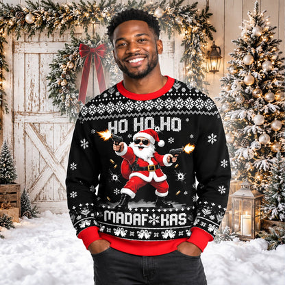 Lifestyle view of someone wearing the badass santa ugly sweater