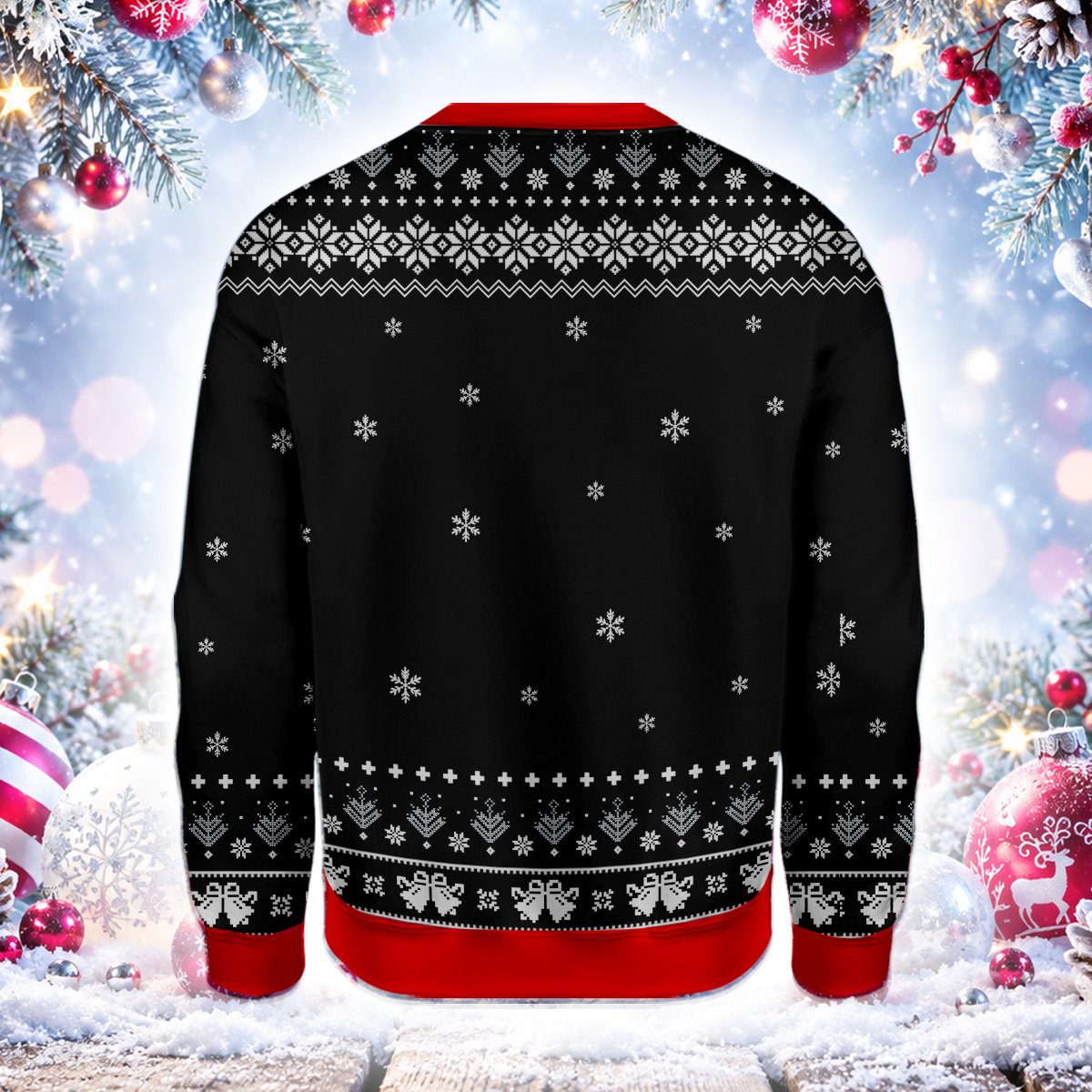 Back view of the multicolor badass ugly christmas sweater