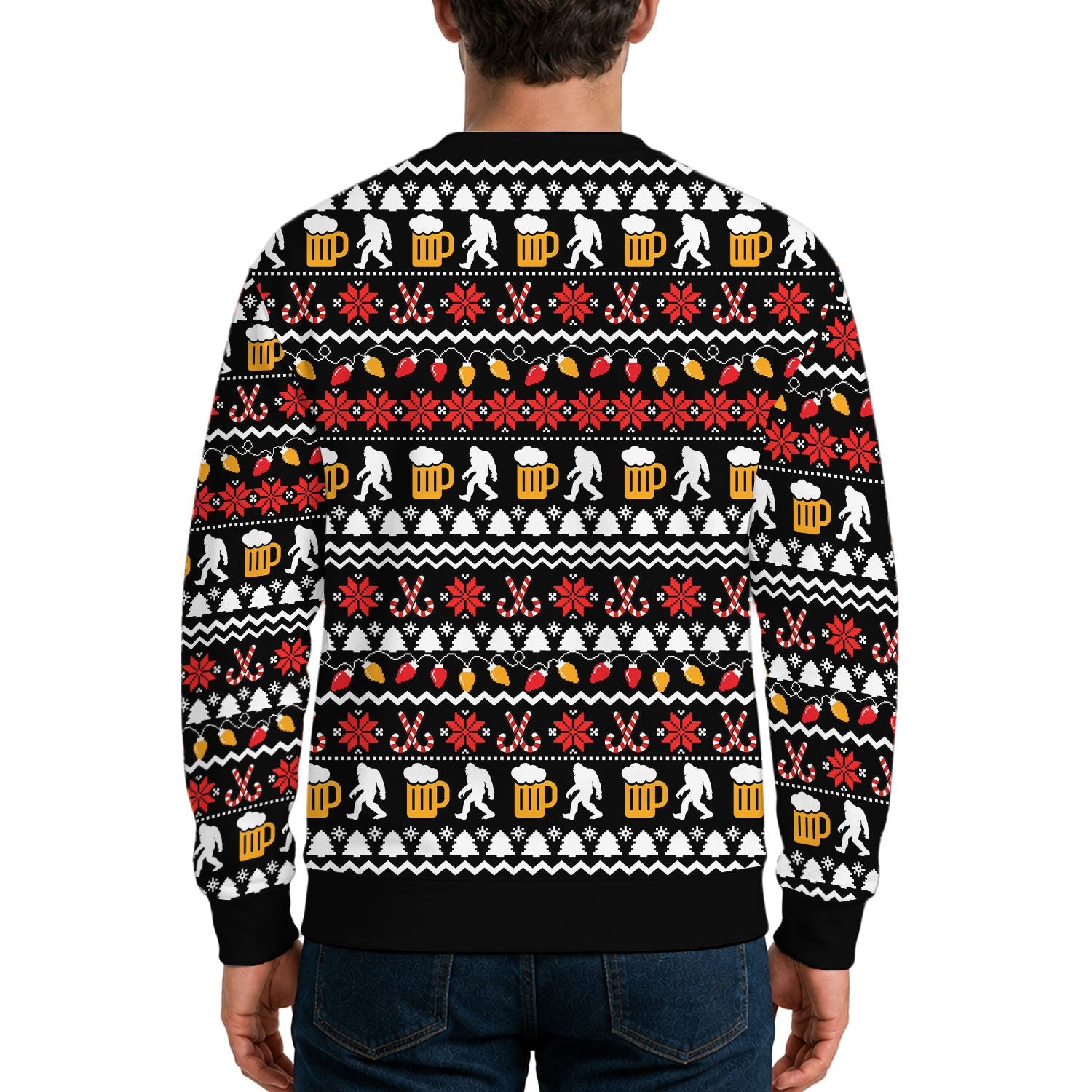 Black bigfoot ugly christmas sweater with festive pattern, alternate back view