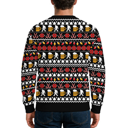Black bigfoot ugly christmas sweater with festive pattern, alternate back view