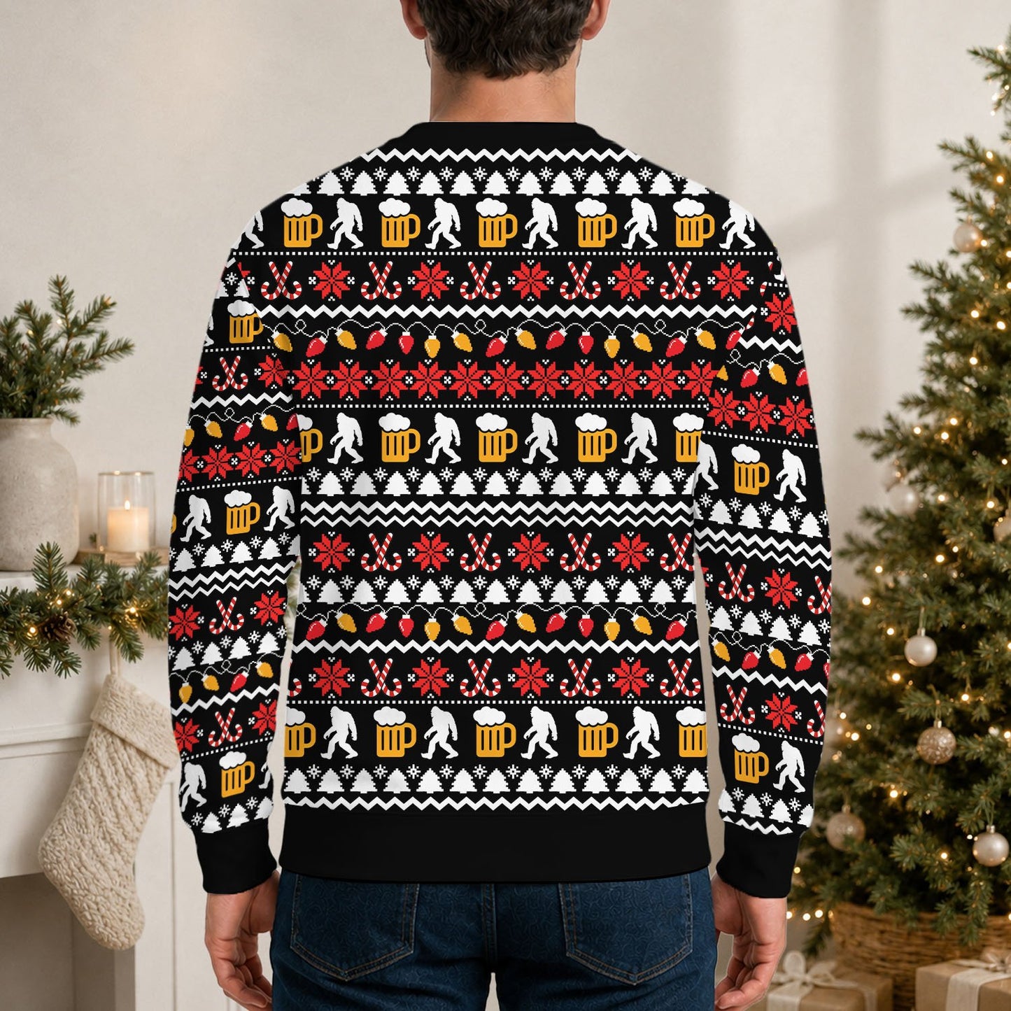 Black bigfoot ugly christmas sweater with festive pattern, back view