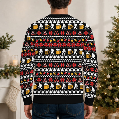 Black bigfoot ugly christmas sweater with festive pattern, back view