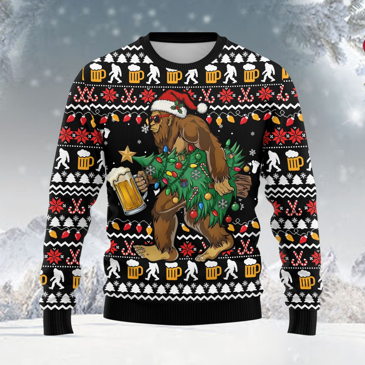 Black bigfoot ugly christmas sweater featuring Bigfoot with a Santa hat and beer, alternate front view