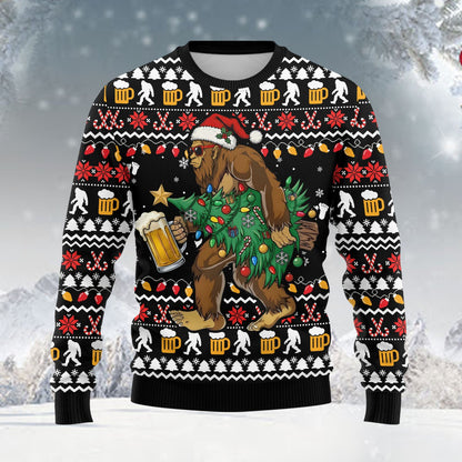 Black bigfoot ugly christmas sweater featuring Bigfoot with a Santa hat and beer, alternate front view