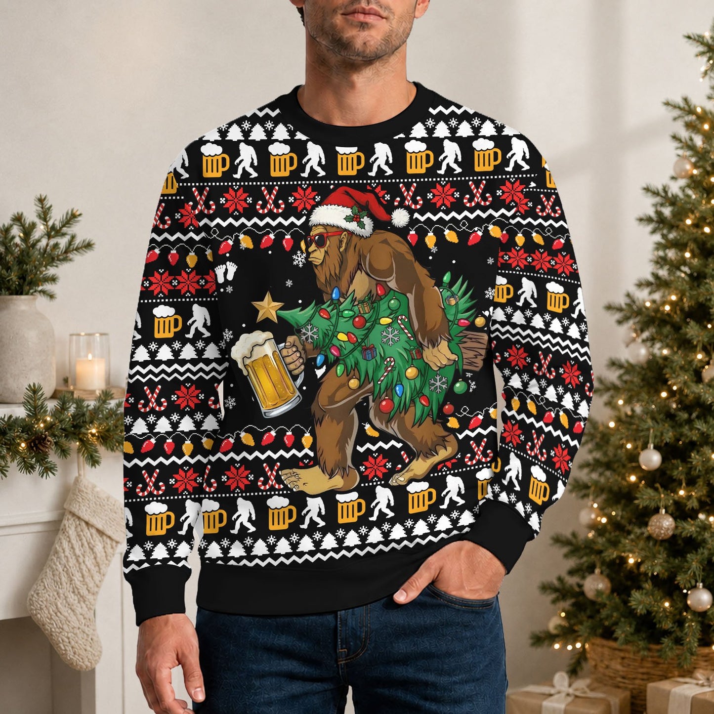 Black bigfoot ugly christmas sweater featuring Bigfoot with a Santa hat and beer, main view