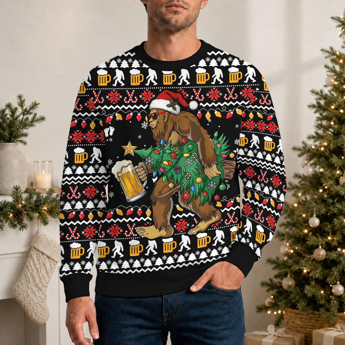 Black bigfoot ugly christmas sweater featuring Bigfoot with a Santa hat and beer, main view