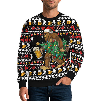 Person wearing the black bigfoot ugly christmas sweater in a lifestyle setting