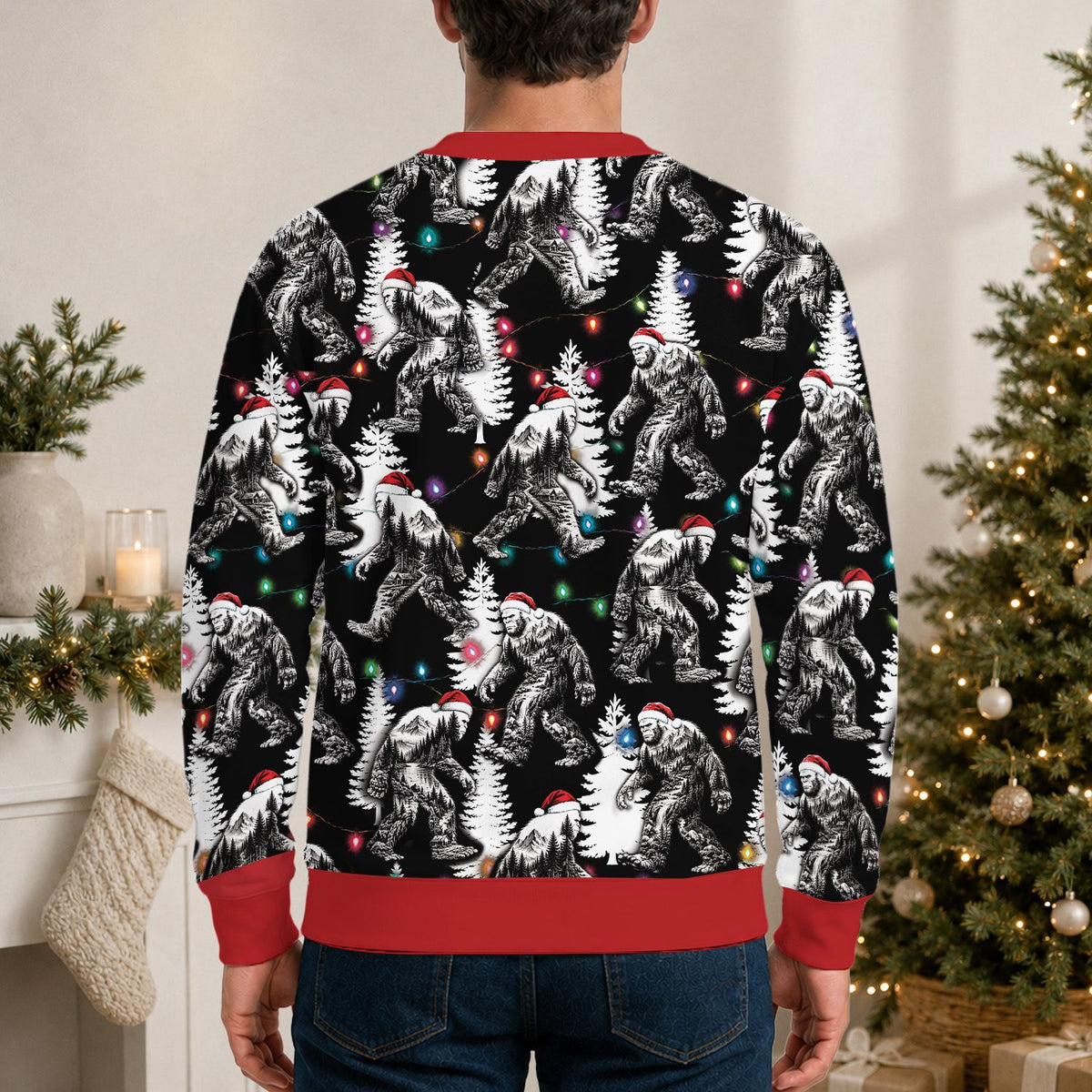 Detailed back view of holiday ugly sweater