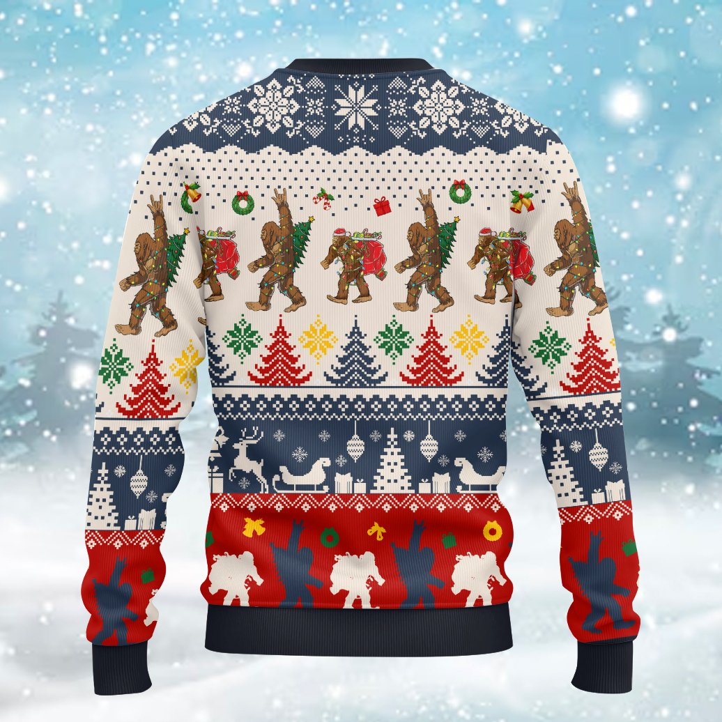 Close up back view of bigfoot christmas sweater