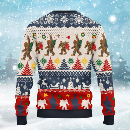 Close up back view of bigfoot christmas sweater