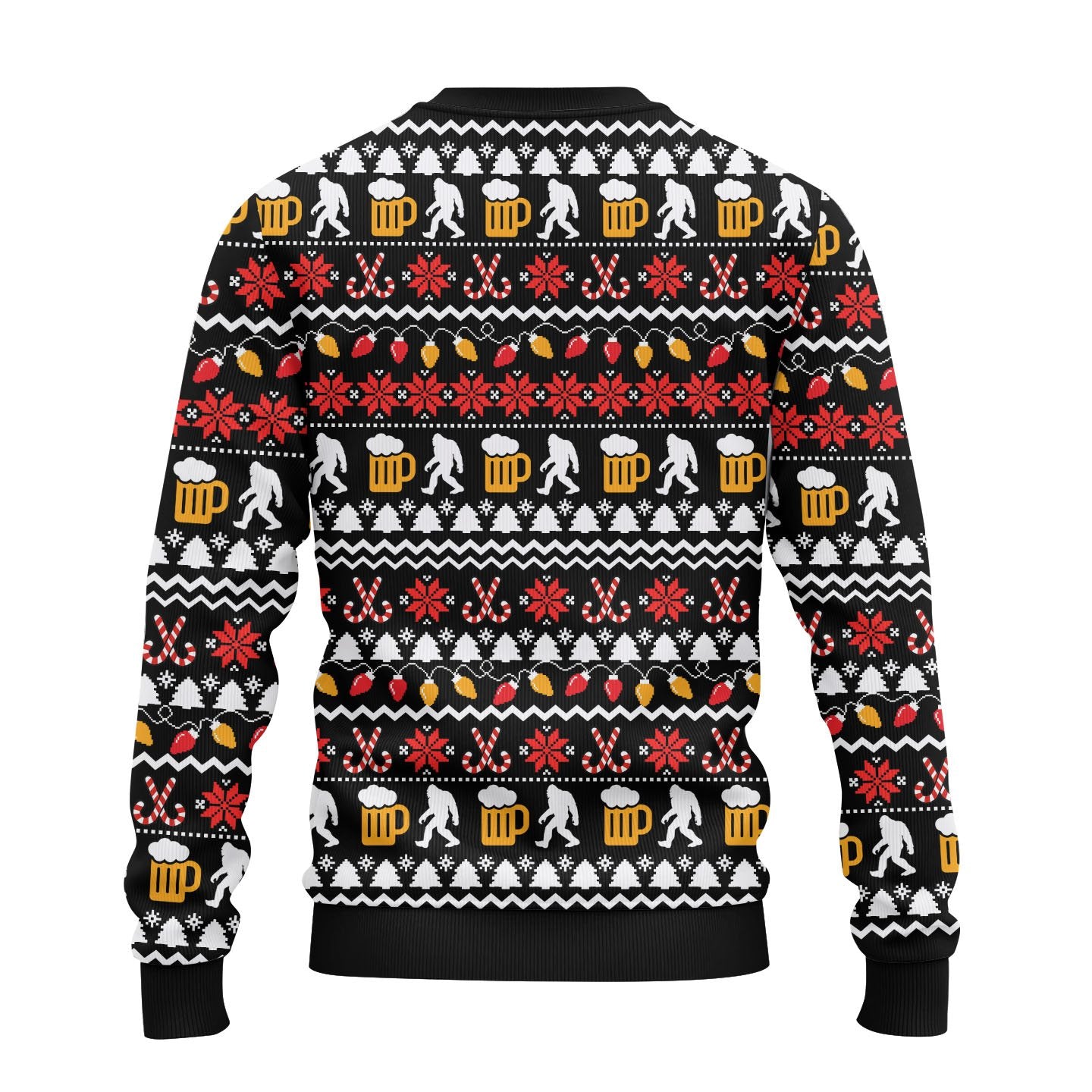 Multicolor bigfoot ugly christmas sweater with festive pattern, alternate back view