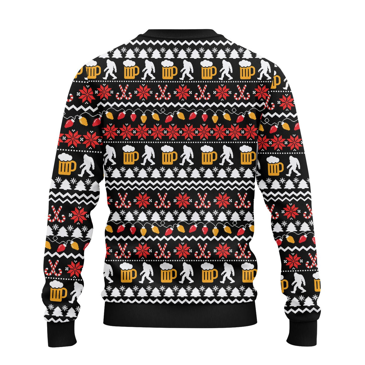 Multicolor bigfoot ugly christmas sweater with festive pattern, alternate back view