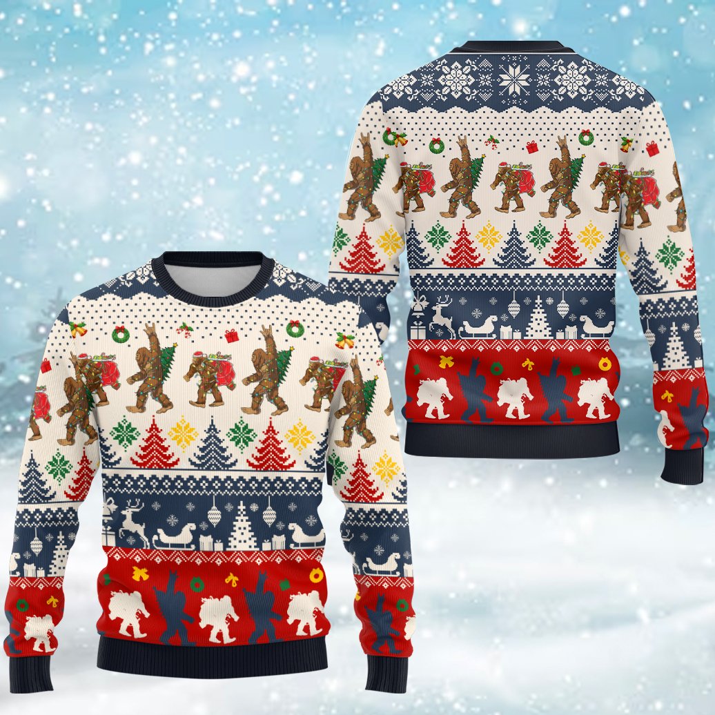 Front detail of bigfoot ugly christmas sweater