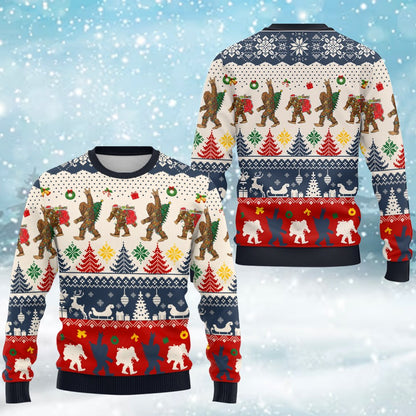 Front detail of bigfoot ugly christmas sweater