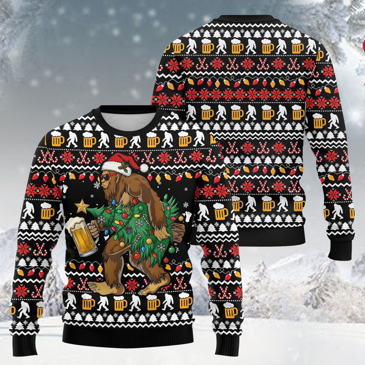 Multicolor bigfoot ugly christmas sweater featuring Bigfoot with a Santa hat and beer, front view