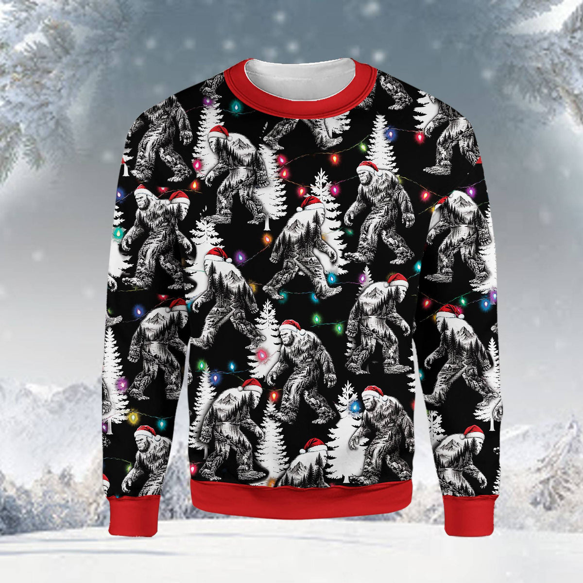 Front view of black bigfoot ugly sweater design