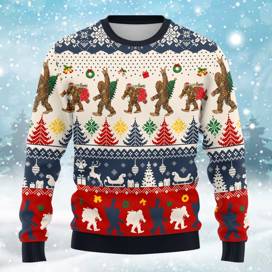Close up front view of bigfoot christmas ugly sweater