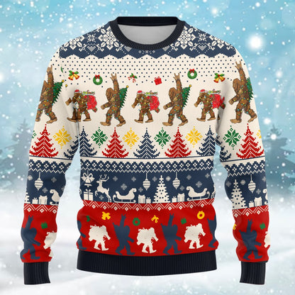 Close up front view of bigfoot christmas ugly sweater