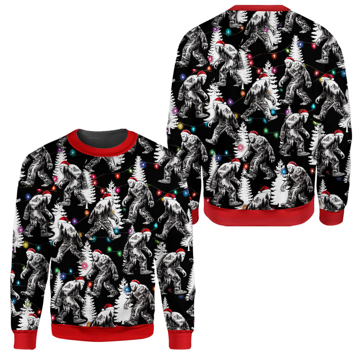 Detailed front view of holiday ugly sweater with Bigfoot