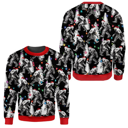 Detailed front view of holiday ugly sweater with Bigfoot