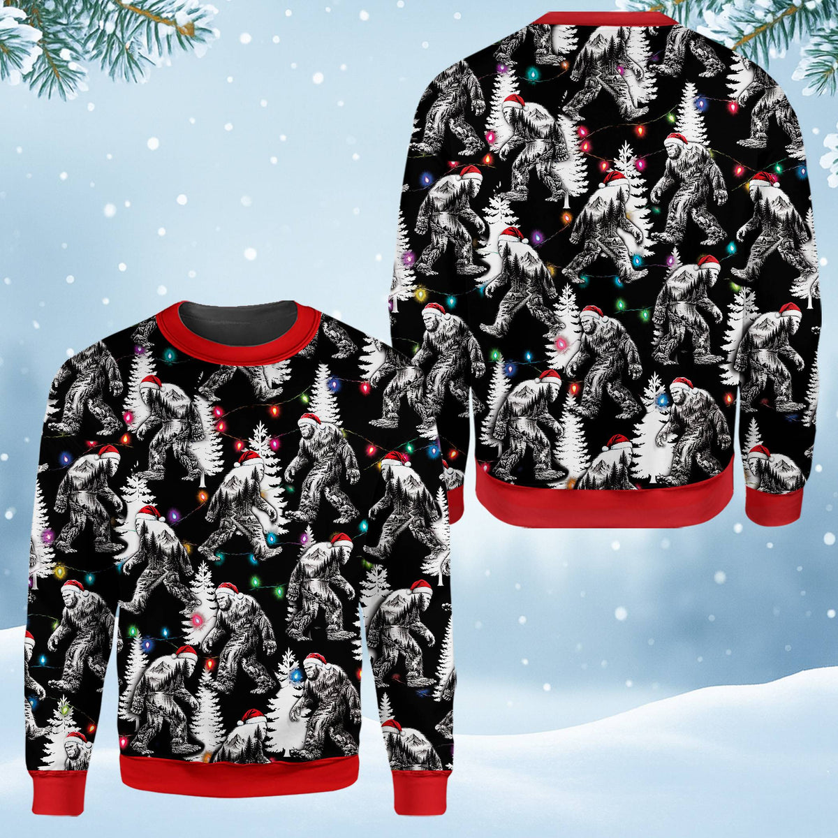 Close up front view of ugly christmas sweater bigfoot pattern