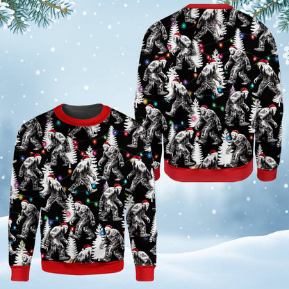 Close up front view of ugly christmas sweater bigfoot pattern
