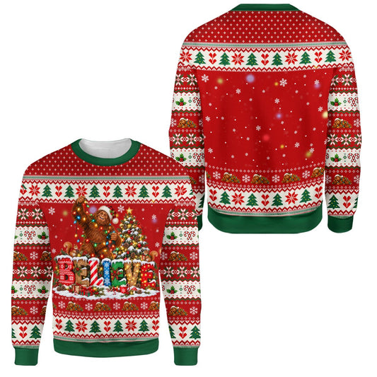 Red bigfoot ugly sweater featuring a festive holiday design with Bigfoot and lights, front view