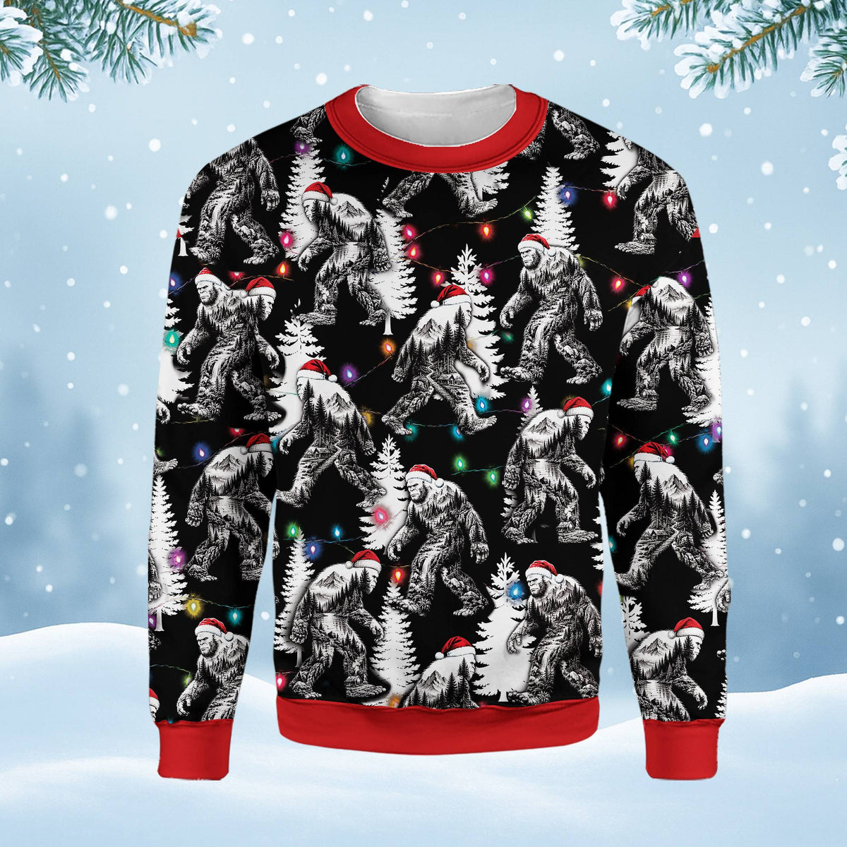 Front view of bigfoot christmas ugly sweater