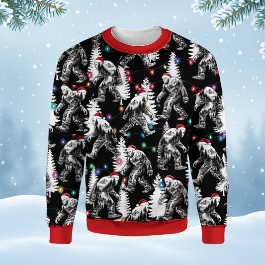 Bigfoot christmas ugly sweater with Santa hat and lights pattern
