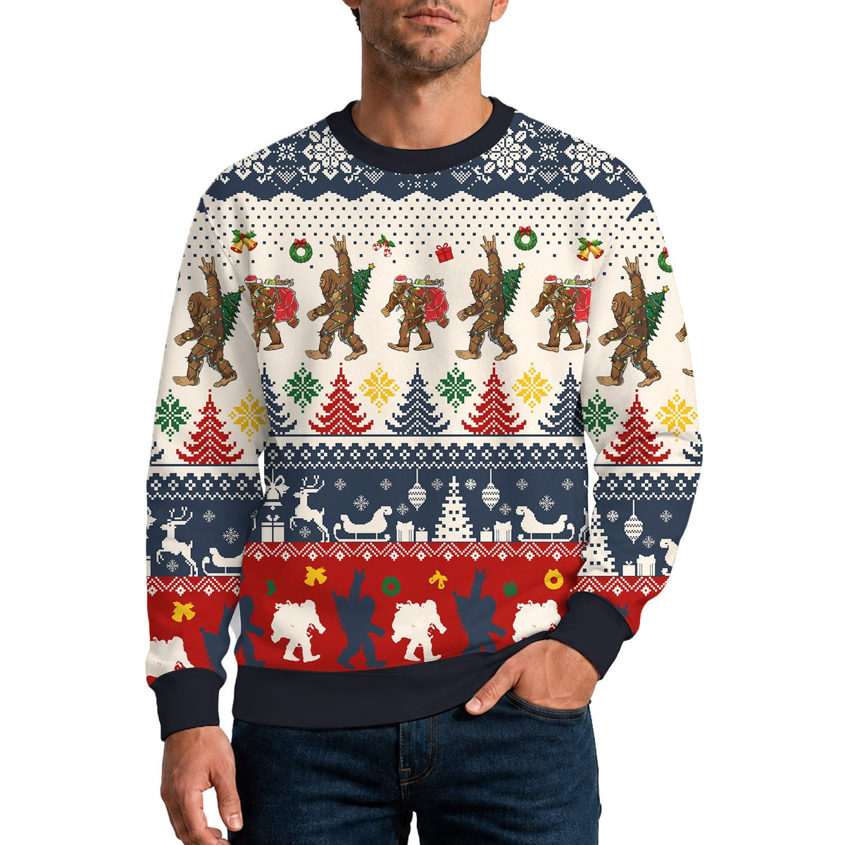 Second lifestyle view of person wearing bigfoot ugly christmas sweater