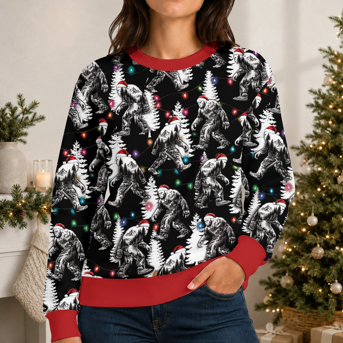 Second lifestyle view of black bigfoot ugly sweater