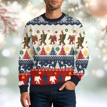 Lifestyle view of person wearing navy bigfoot ugly sweater