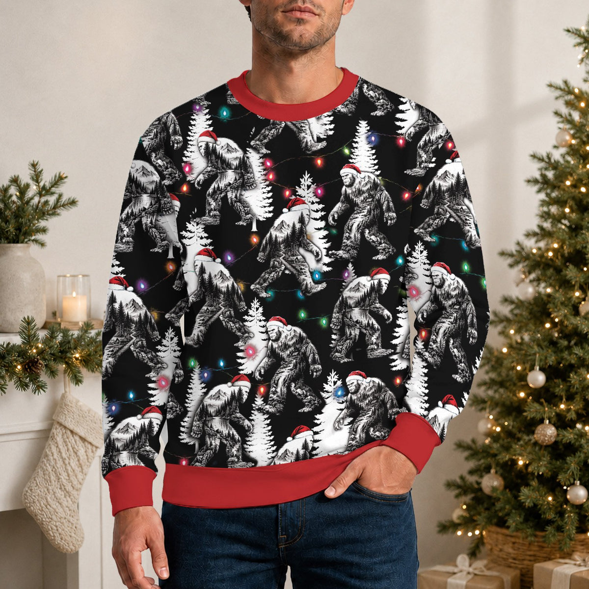 Lifestyle view of adult wearing bigfoot christmas ugly sweater