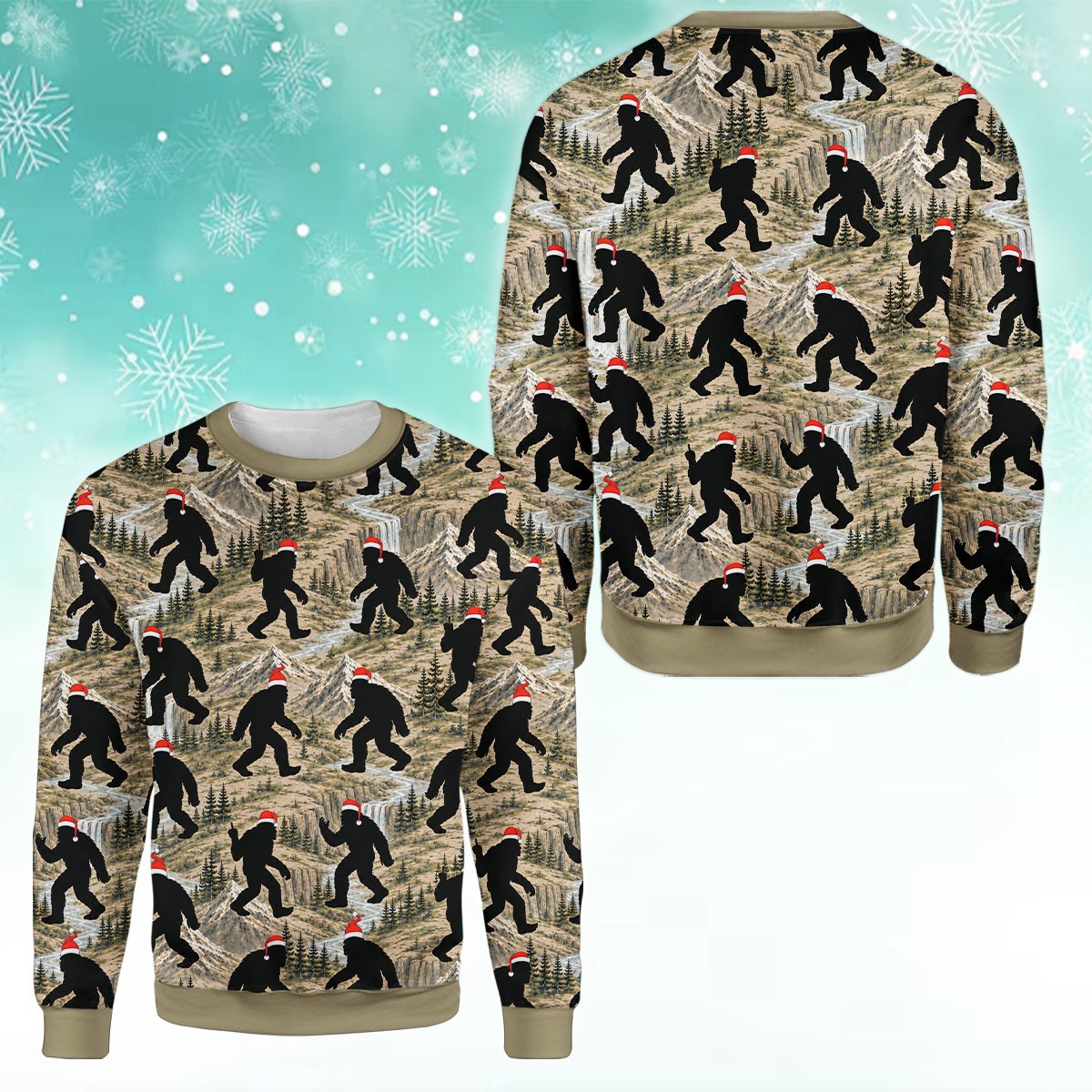 Detailed front view of the holiday ugly sweater showing pine trees and river