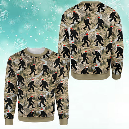 Detailed front view of the holiday ugly sweater showing pine trees and river