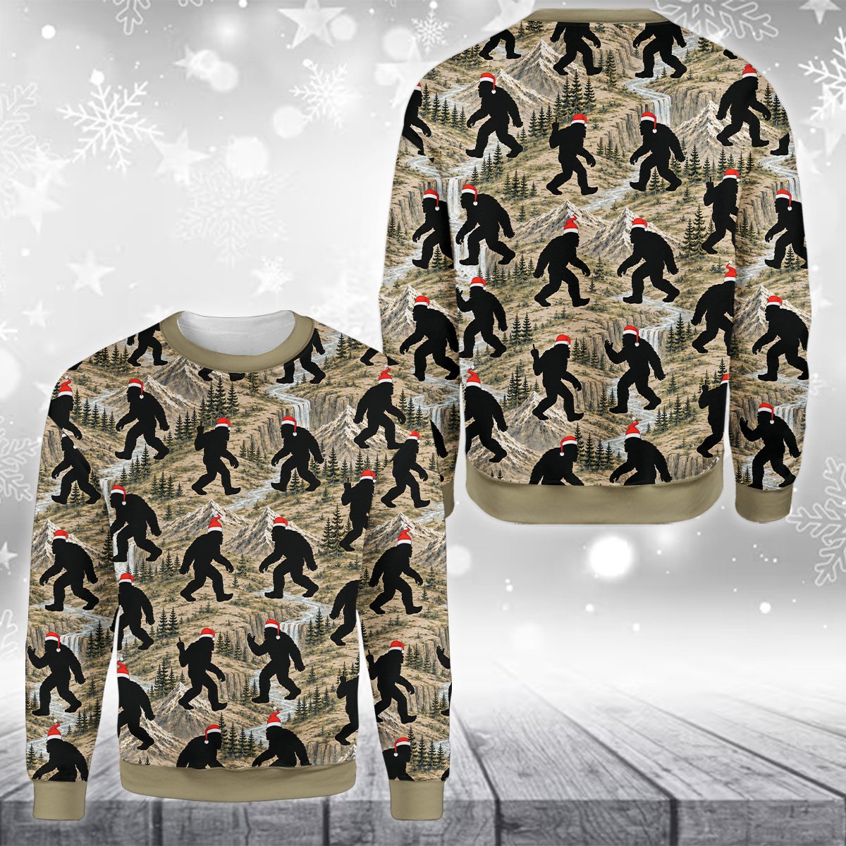 Close up front view of the Bigfoot silhouette design on the ugly sweater