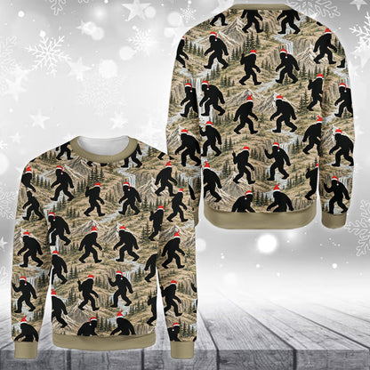 Close up front view of the Bigfoot silhouette design on the ugly sweater