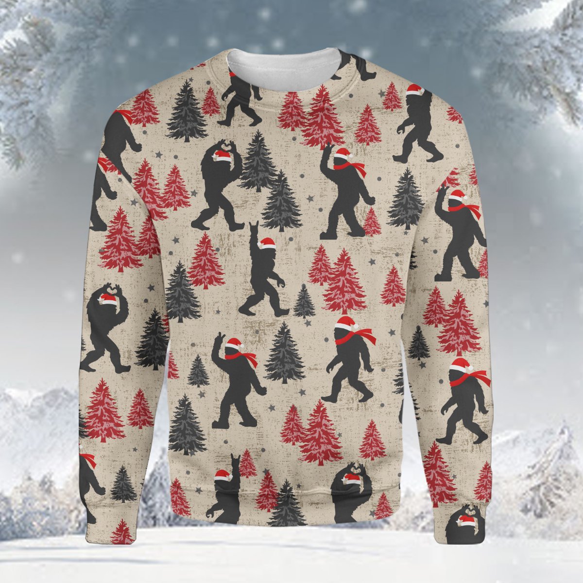 Front view of the bigfoot ugly sweater with Santa hats and pine trees