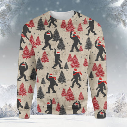 Main view of the beige bigfoot ugly sweater featuring a holiday pattern