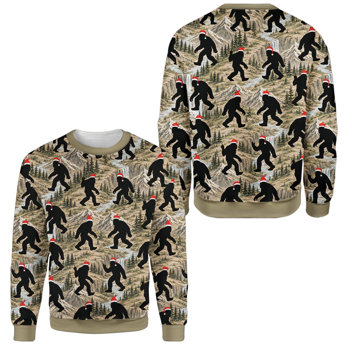 Beige bigfoot ugly sweater with Santa hat and mountain landscape print, main view