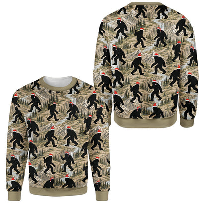 Beige bigfoot ugly sweater with Santa hat and mountain landscape print, main view