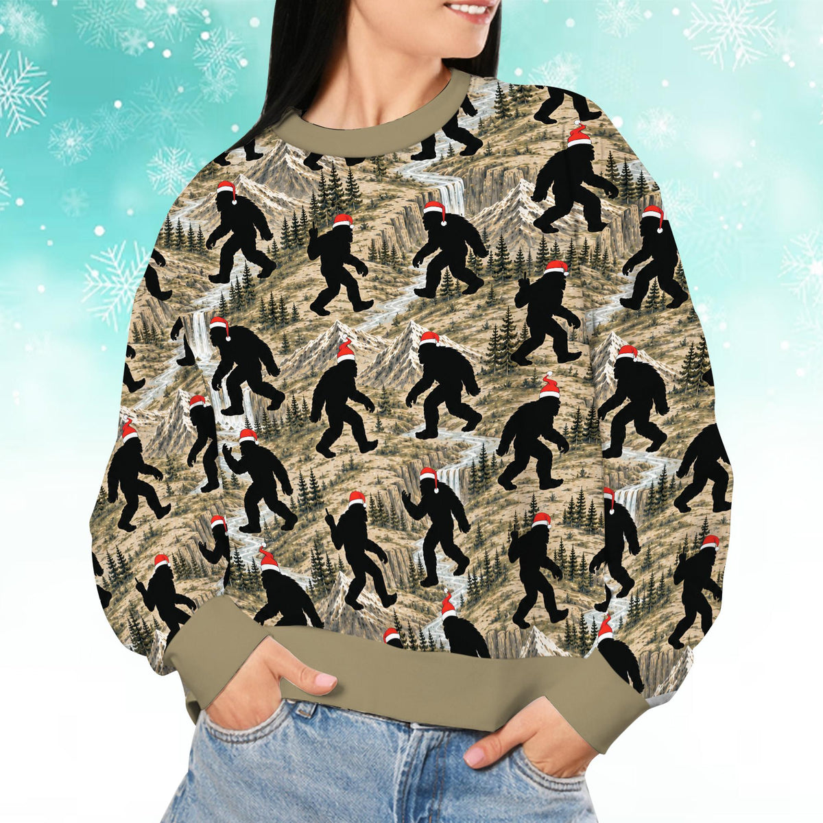 Lifestyle image highlighting the holiday ugly sweater fit