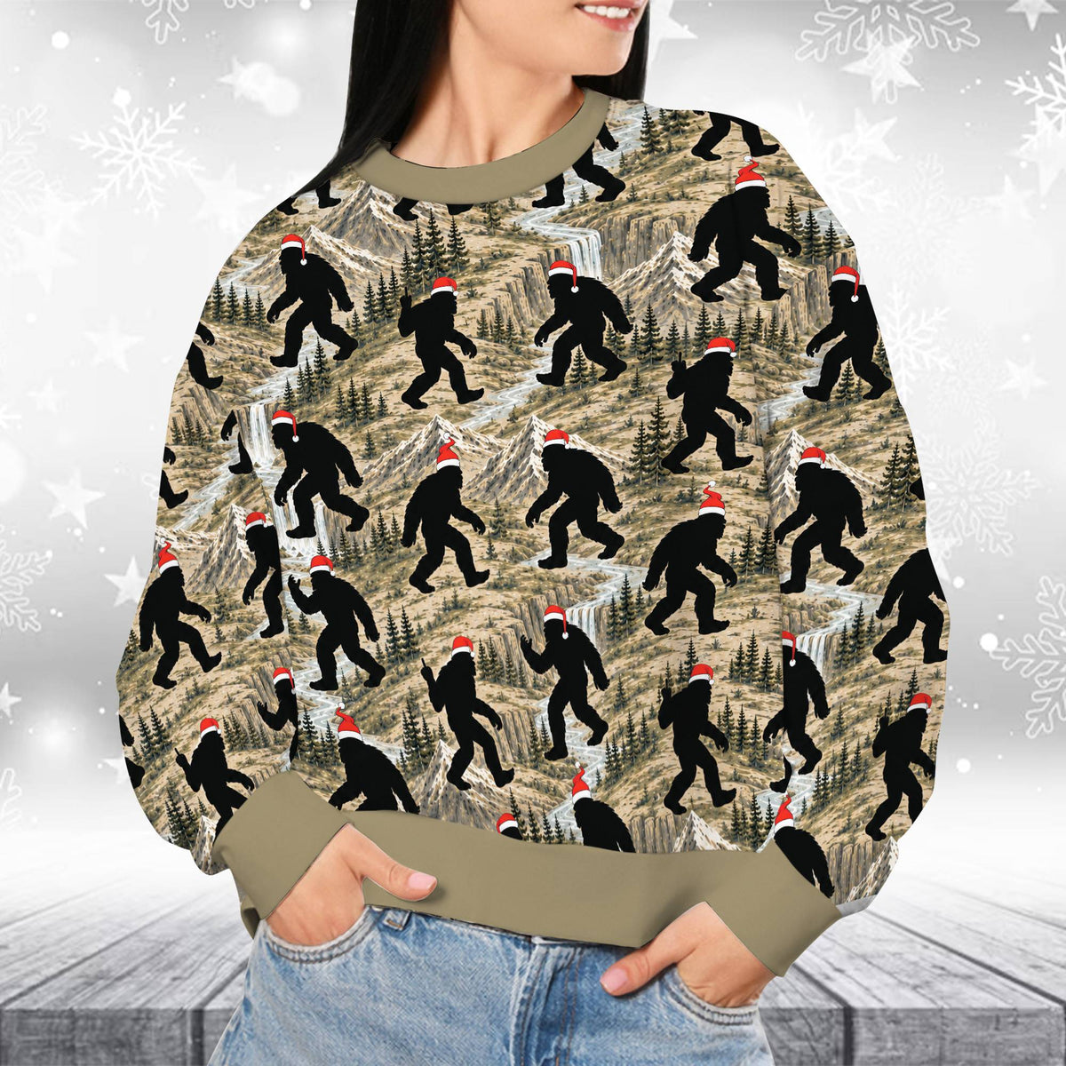 Another lifestyle view showing the Bigfoot ugly sweater outdoors