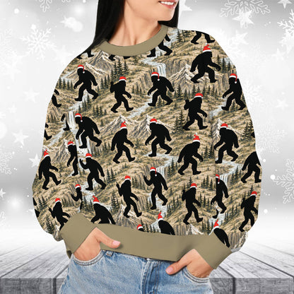 Another lifestyle view showing the Bigfoot ugly sweater outdoors