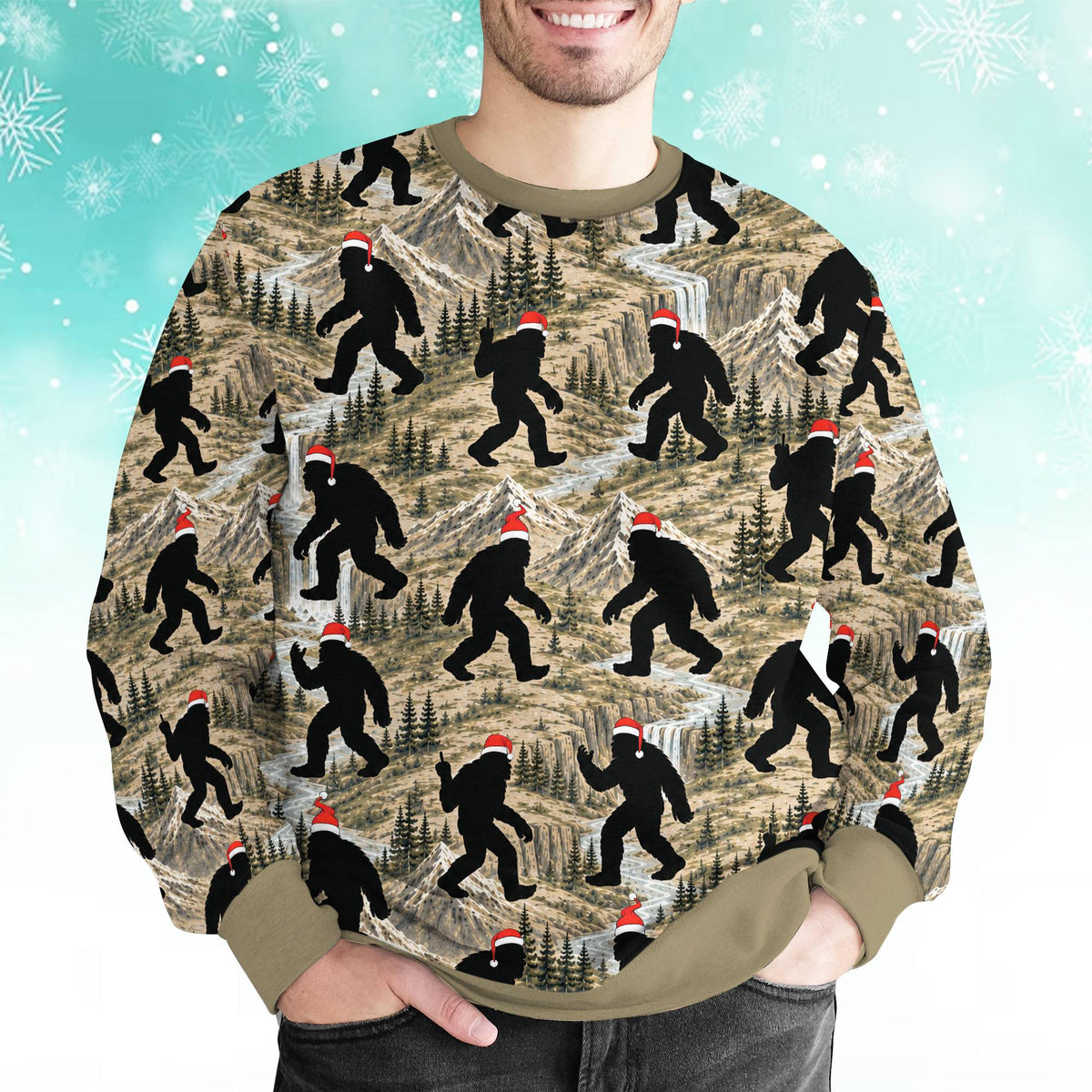 Lifestyle photo of the beige bigfoot ugly sweater
