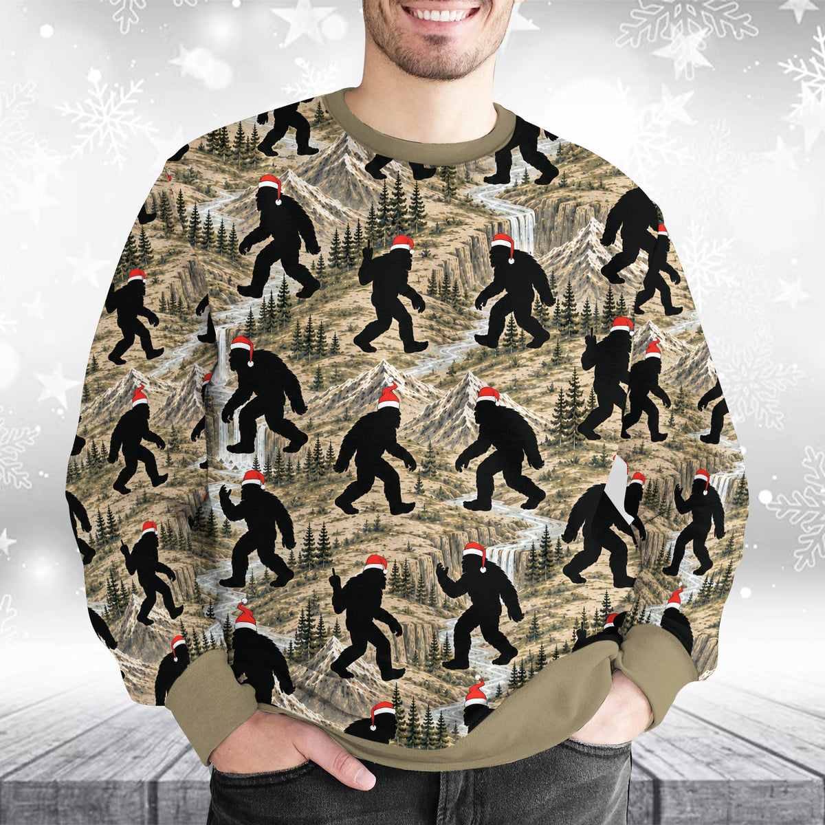 Final lifestyle view of the mountain landscape Bigfoot sweater