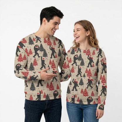 Lifestyle image showing an adult wearing the bigfoot ugly sweater