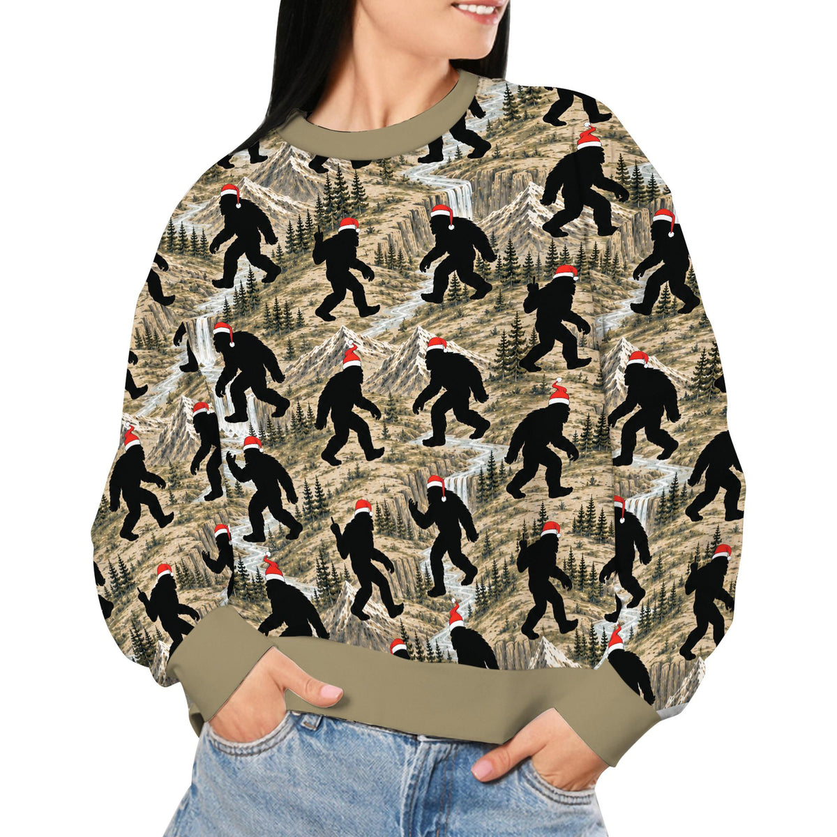 Lifestyle view of someone wearing the beige bigfoot ugly sweater