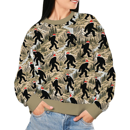 Lifestyle view of someone wearing the beige bigfoot ugly sweater