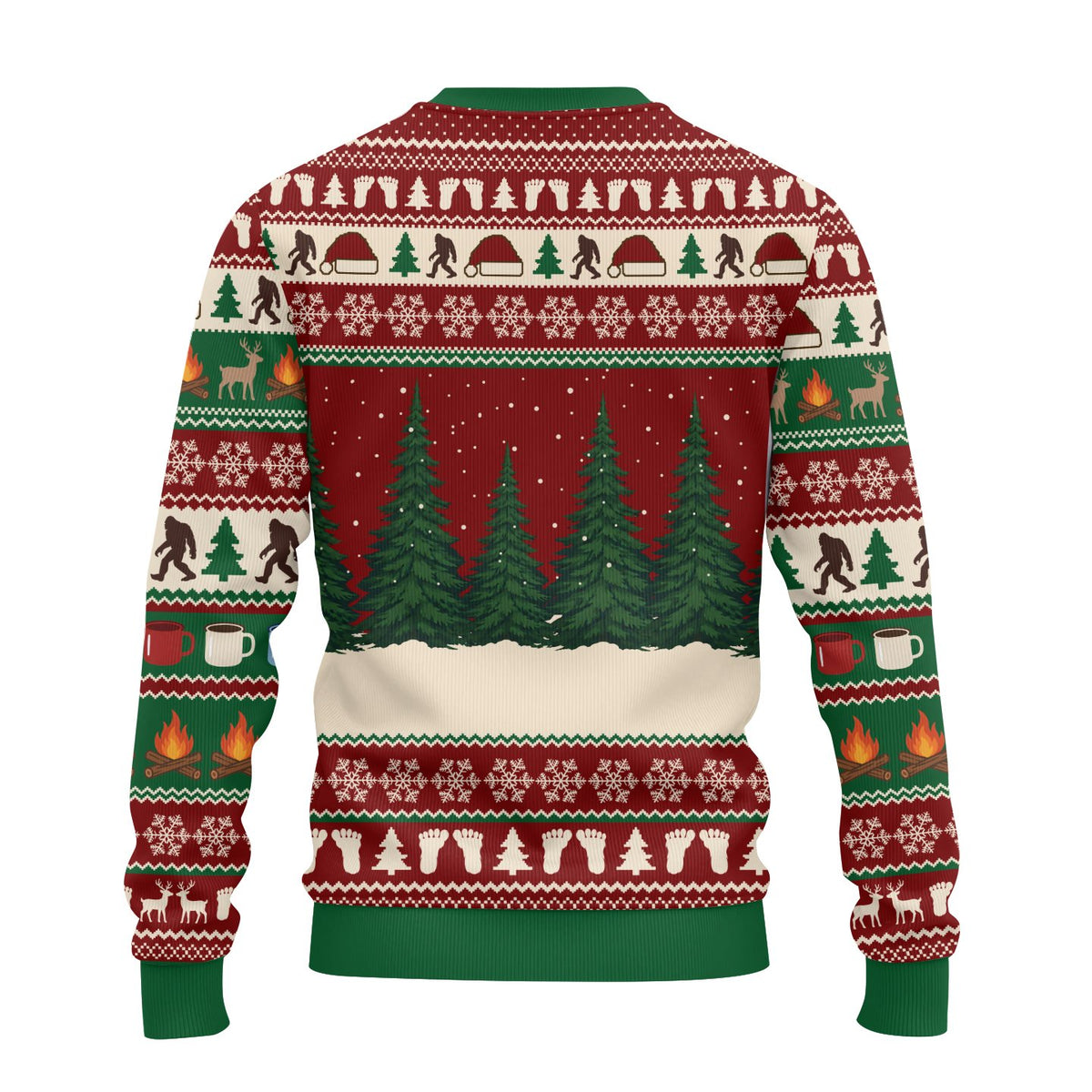 Back view of the ugly santa sweater showing a snowy forest scene